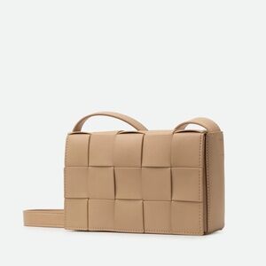 Valentina Fiore Beige Italian Leather Basket Weave Crossbody Bag
